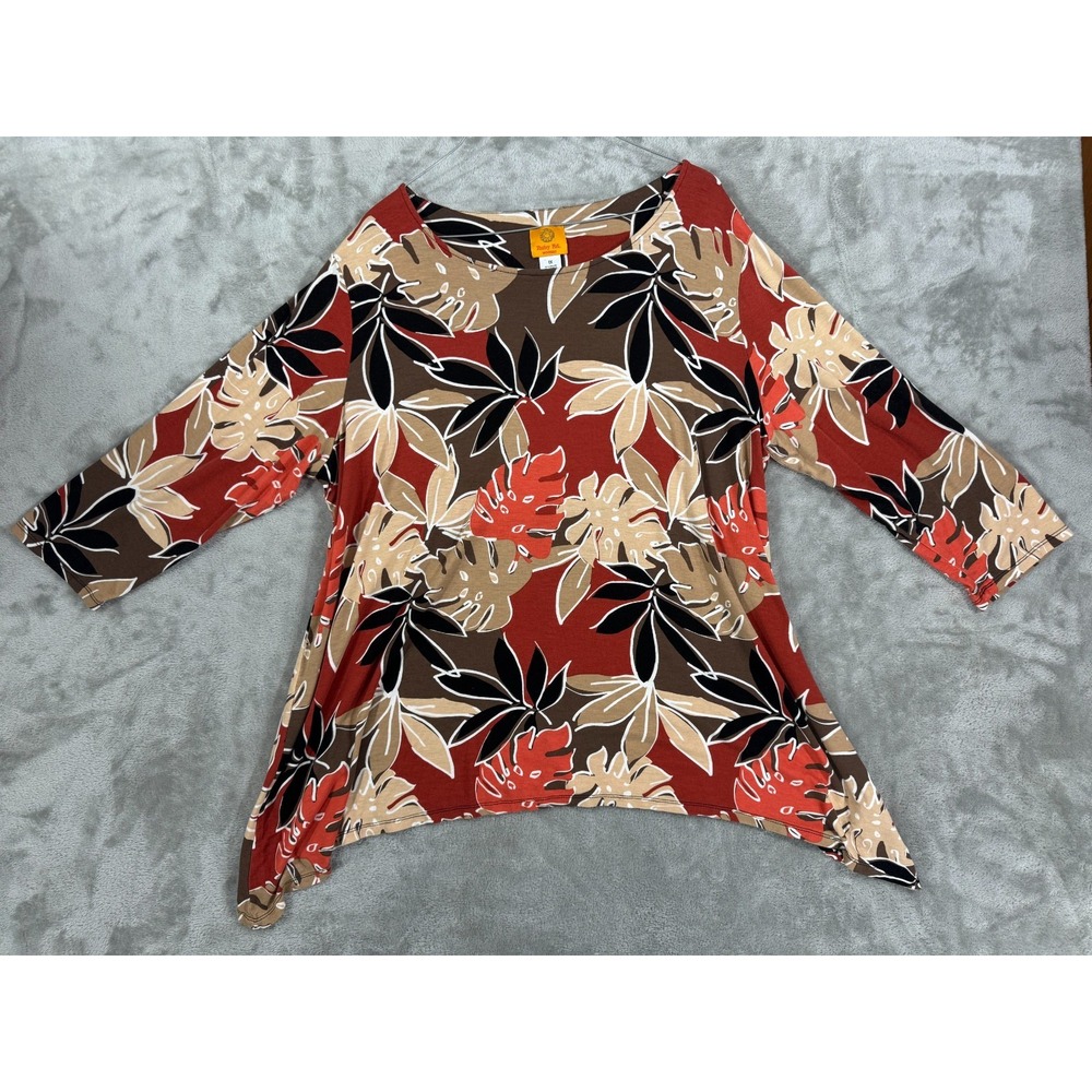 Ruby Rd Woman Top 1X Plus Tropical Floral Fall Colors Rayon 3/4 Sleeve Stretch